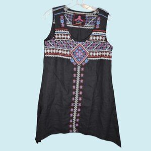 Johnny Was Top Women's Small Black JoJo Linen Embroidered Sleeveless Tunic Dress